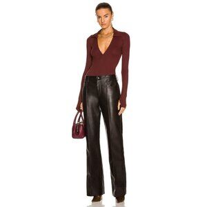 ALIX NYC Monterey Clove Brown Ribbed Jersey V-Neck Polo Thong Bodysuit, Size XS